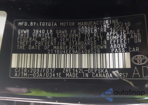 2010 Toyota Corolla S z USA, uszkodzony, nr VIN 2T1BU4EE9AC408528